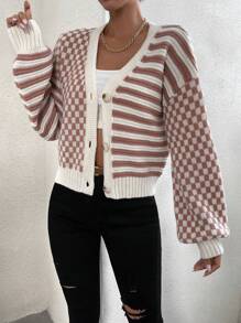 Chiquease Checker Pattern Drop Shoulder Cardigan,Long Sleeve Tops - Multicolor - View 6