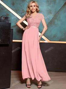 MIUSOL Elegant Floral Lace Cap Sleeve Chiffon Evening Party Dress