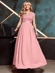 MIUSOL Elegant Floral Lace Cap Sleeve Chiffon Evening Party Dress