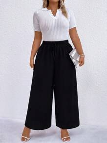 Calvaya 大碼腰部抽繩闊腿褲 - 黑色 - 查看 1