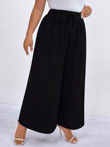 Calvaya 大碼腰部抽繩闊腿褲 - 黑色 - 查看 3