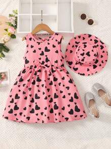 SHEIN Váy không tay in hình trái tim tình yêu dành cho bé gái mới biết đi có trang trí nơ & mũ phù hợp cho bữa tiệc, mùa hè - Hồng - Xem 1