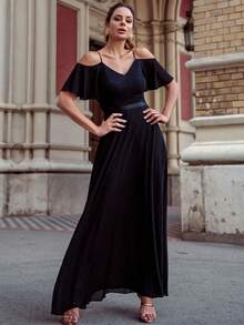 MIUSOL Cold Shoulder Contrast Lace Flutter Sleeve Chiffon Dress - Black - View 4