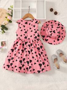 SHEIN Váy không tay in hình trái tim tình yêu dành cho bé gái mới biết đi có trang trí nơ & mũ phù hợp cho bữa tiệc, mùa hè - Hồng - Xem 2