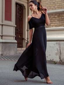 MIUSOL Cold Shoulder Contrast Lace Flutter Sleeve Chiffon Dress - Black - View 6