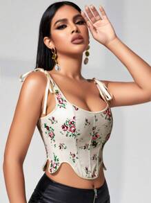 复古花卉印花系带后背不对称下摆紧身胸衣塑身衣上衣 - 米色 - 查看 1