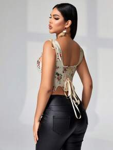 复古花卉印花系带后背不对称下摆紧身胸衣塑身衣上衣 - 米色 - 查看 2