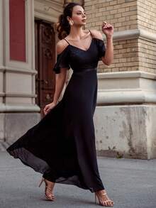 MIUSOL Cold Shoulder Contrast Lace Flutter Sleeve Chiffon Dress - Black - View 7