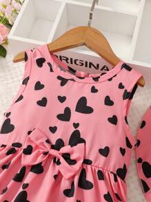 SHEIN Váy không tay in hình trái tim tình yêu dành cho bé gái mới biết đi có trang trí nơ & mũ phù hợp cho bữa tiệc, mùa hè - Hồng - Xem 5