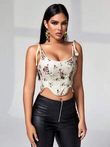 复古花卉印花系带后背不对称下摆紧身胸衣塑身衣上衣 - 米色 - 查看 4