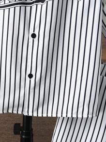 Conjunto de 2 piezas de camisa y shorts de béisbol con estampado de letras a rayas en blanco y negro para niños preadolescentes, trajes de verano - Blanco - Ver 5