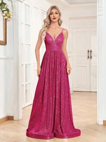 XUIBOL Sequin A-Line V-Neck Adjustable Strap Long Formal Evening Dress - Hot Pink - View 2