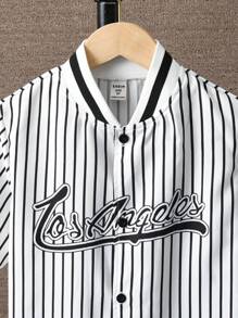 Conjunto de 2 piezas de camisa y shorts de béisbol con estampado de letras a rayas en blanco y negro para niños preadolescentes, trajes de verano - Blanco - Ver 7