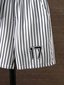 Conjunto de 2 piezas de camisa y shorts de béisbol con estampado de letras a rayas en blanco y negro para niños preadolescentes, trajes de verano - Blanco - Ver 8