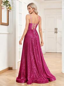 XUIBOL Sequin A-Line V-Neck Adjustable Strap Long Formal Evening Dress - Hot Pink - View 3