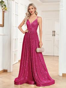XUIBOL Sequin A-Line V-Neck Adjustable Strap Long Formal Evening Dress - Hot Pink - View 4