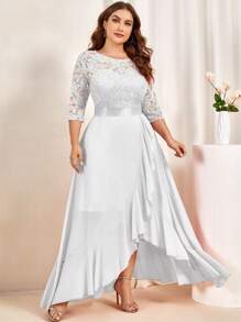 MIUSOL Plus Elegant Floral Lace 3/4 Sleeve Ruffle Trim Evening Dress Maxi Swing Dress, Váy dạ hội trang trọng, Váy dạ hội, Cho khách dự tiệc cưới, Tốt nghiệp, Tiệc tối - trắng - Xem 1