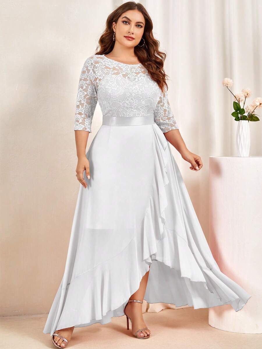 MIUSOL Plus Elegant Floral Lace 3/4 Sleeve Ruffle Trim Evening Dress Maxi Swing Dress, Váy dạ hội trang trọng, Váy dạ hội, Cho khách dự tiệc cưới, Tốt nghiệp, Tiệc tối - trắng - Xem 1