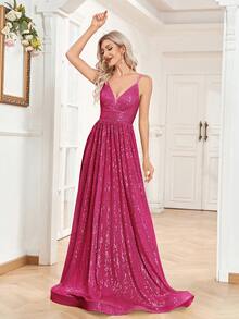 XUIBOL Sequin A-Line V-Neck Adjustable Strap Long Formal Evening Dress - Hot Pink - View 5