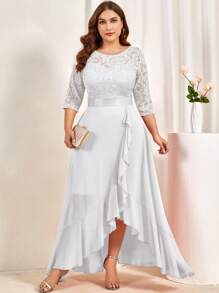 MIUSOL Plus Elegant Floral Lace 3/4 Sleeve Ruffle Trim Evening Dress Maxi Swing Dress, Váy dạ hội trang trọng, Váy dạ hội, Cho khách dự tiệc cưới, Tốt nghiệp, Tiệc tối - trắng - Xem 4