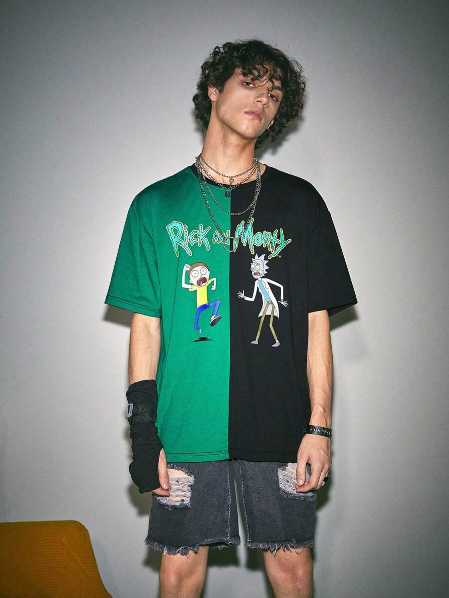 ROMWE MEN Rick and Morty | ROMWE Hombres Camiseta con estampado de dibujos animados de color combinado - Multicolor - Ver 1