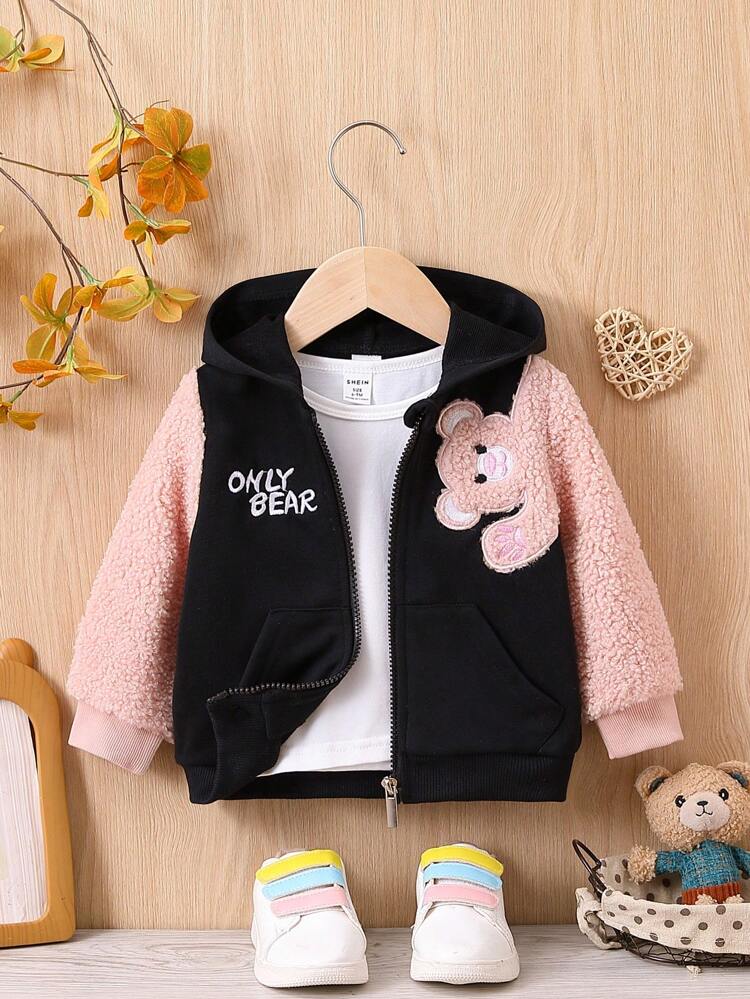 Baby Girl Letter & Bear Embroidery Contrast Sleeve Hooded Jacket Without Tee