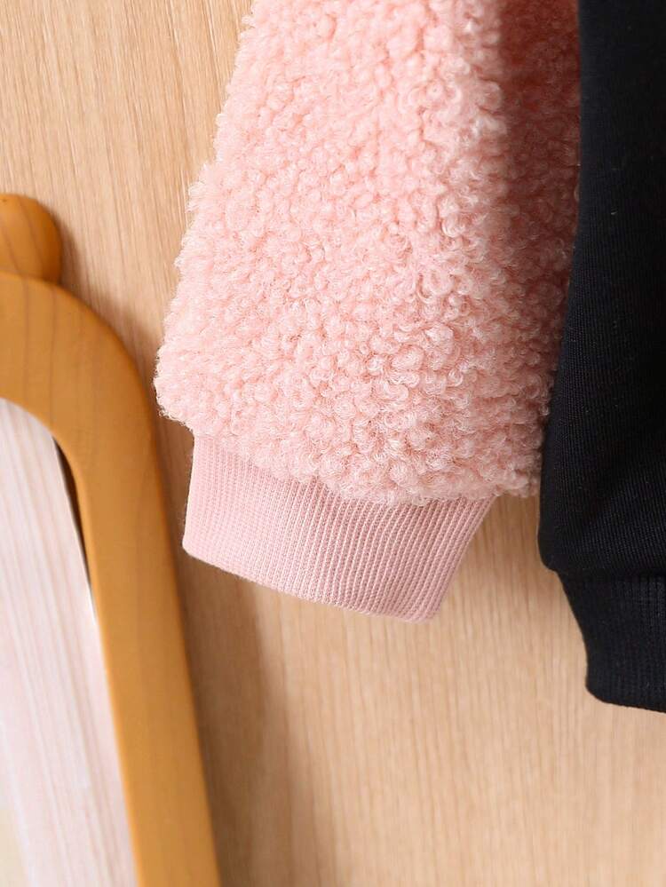 Baby Girl Letter & Bear Embroidery Contrast Sleeve Hooded Jacket Without Tee