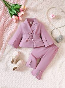 女嬰喇叭袖西裝領西裝外套&開叉喇叭褲