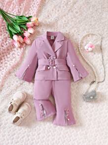 女嬰喇叭袖西裝領西裝外套&開叉喇叭褲