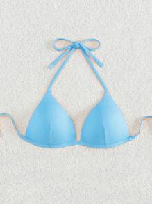 素色吊脖三角杯比基尼上衣 - 淺藍色 - 查看 1