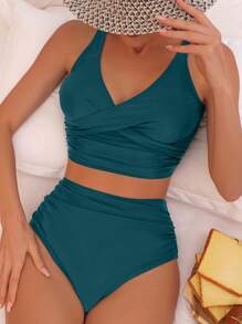 Swim Basics Conjunto de bikini veraniego liso con pliegues y cintura alta