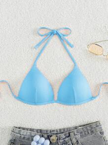 素色吊脖三角杯比基尼上衣 - 淺藍色 - 查看 3