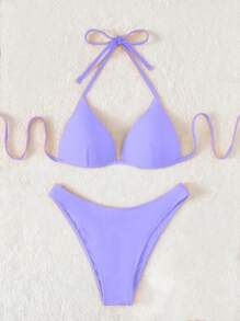Swim Basics Summer Beach Solid Push Up Bikini Set - Purple - View 1
