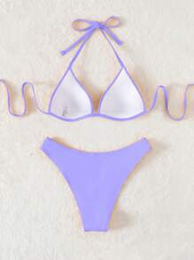 Swim Basics Summer Beach Solid Push Up Bikini Set - Purple - View 2