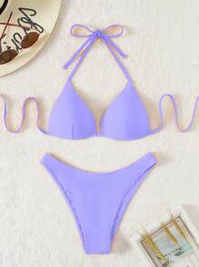Swim Basics Summer Beach Solid Push Up Bikini Set - Purple - View 3