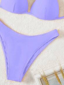 Swim Basics Summer Beach Solid Push Up Bikini Set - Purple - View 4