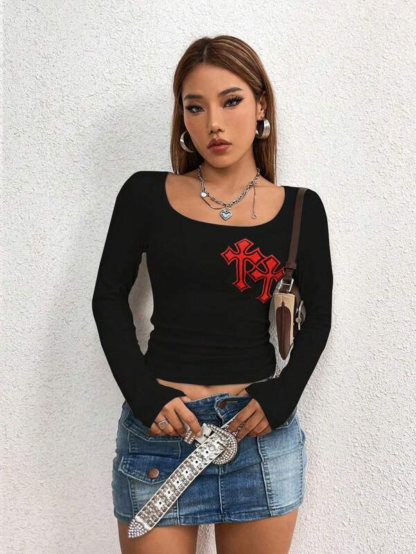 Cruz Imprimir Gola de Scoop Camiseta Crop