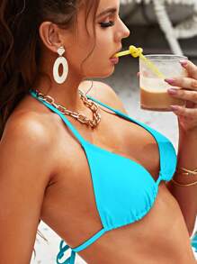 Swim Vcay Summer Beach Halter Triangle Bikini Top - Mint Blue - View 5