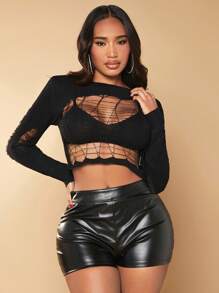 SHEIN SXY Ripped Crop Jumper Without Bra - Black - View 4