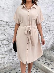 SHEIN LUNE 大碼補丁貼口袋蝙蝠袖腰帶襯衫連衣裙 - 杏色 - 查看 4