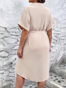 SHEIN LUNE 大碼補丁貼口袋蝙蝠袖腰帶襯衫連衣裙 - 杏色 - 查看 2