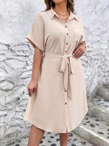 SHEIN LUNE 大碼補丁貼口袋蝙蝠袖腰帶襯衫連衣裙 - 杏色 - 查看 1