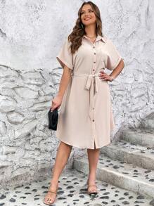 SHEIN LUNE 大碼補丁貼口袋蝙蝠袖腰帶襯衫連衣裙 - 杏色 - 查看 5