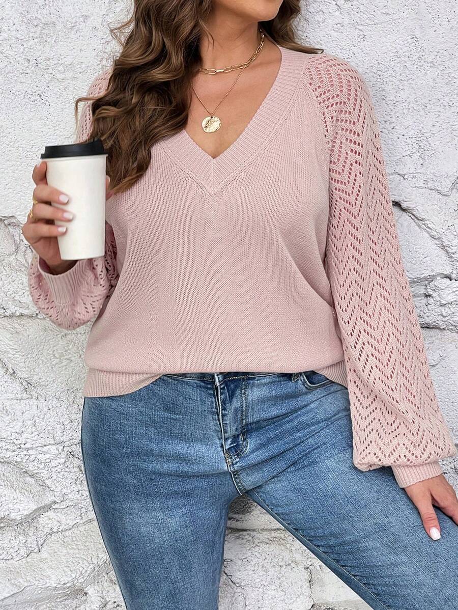 SHEIN LUNE Hơn Dệt kim chấm bi Tay Raglan Áo len - Bụi hồng - Xem 1