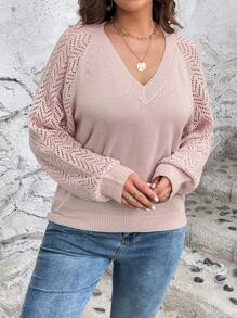 SHEIN LUNE Hơn Dệt kim chấm bi Tay Raglan Áo len - Bụi hồng - Xem 3