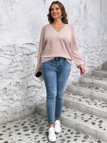 SHEIN LUNE Hơn Dệt kim chấm bi Tay Raglan Áo len - Bụi hồng - Xem 4