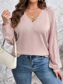 SHEIN LUNE Hơn Dệt kim chấm bi Tay Raglan Áo len - Bụi hồng - Xem 5