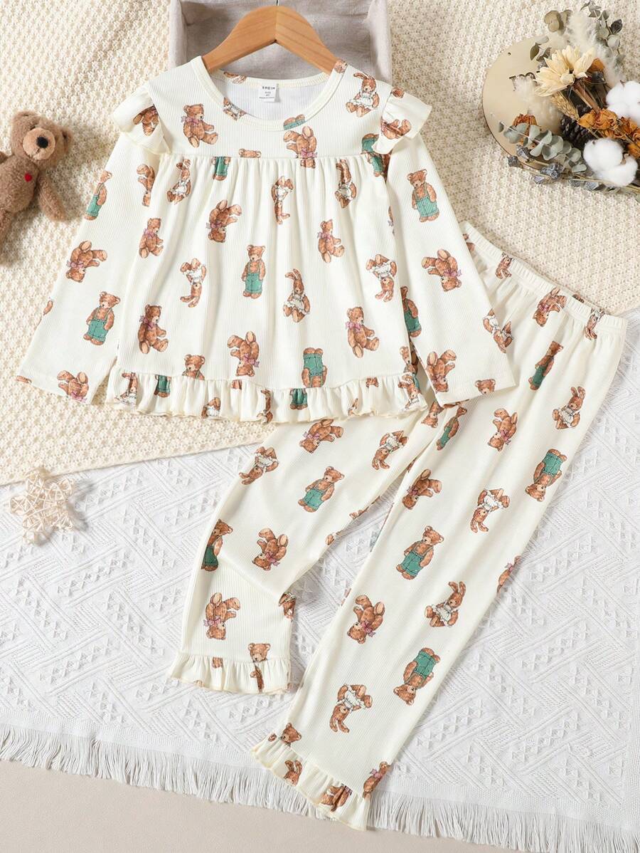 Young Girl Bear Print Ruffle Trim Snug Fit PJ Set - Beige - View 1