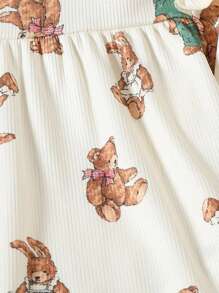 Young Girl Bear Print Ruffle Trim Snug Fit PJ Set - Beige - View 3