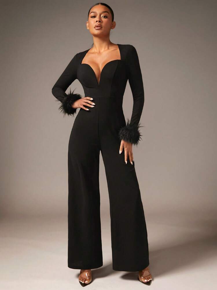 Sweetheart Neck Fuzzy Cuff Wide Leg Jumpsuit